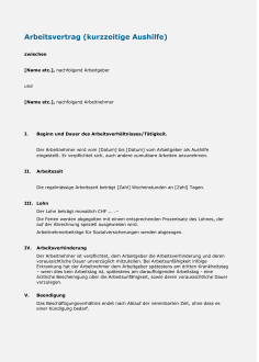 Muster Arbeitsvertrag kurzfristige Aushilfe 