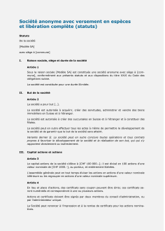 Contrat Création d'une SA avec versement en espèces 