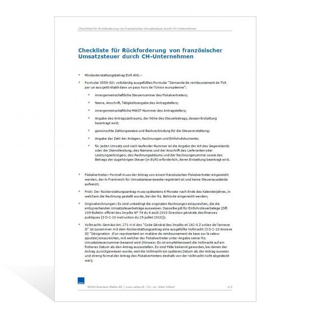 Checkliste – Rückforderung französischer Umsatzsteuer durch CH-Unternehmen 