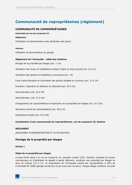 Communauté de copropriétaires (Règlement) 