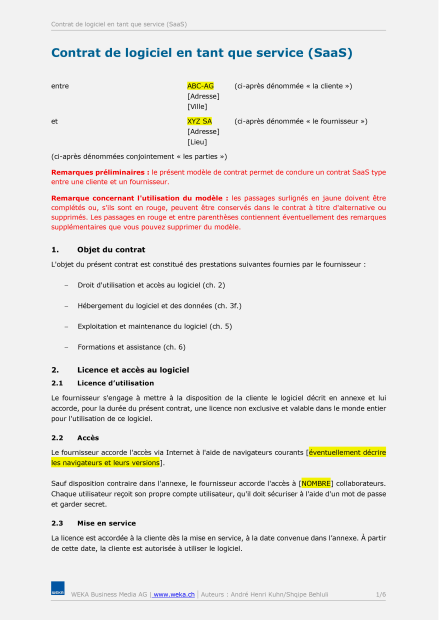Contrat de logiciel en tant que service (SaaS) 