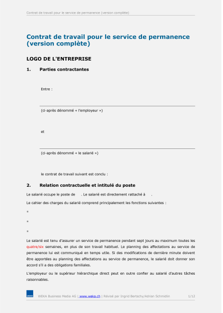 Contrat de travail pour le service de permanence (version complète) 