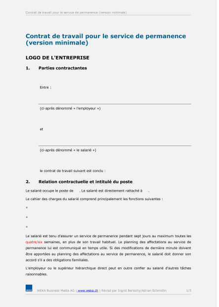 Contrat de travail pour le service de permanence (version minimale) 