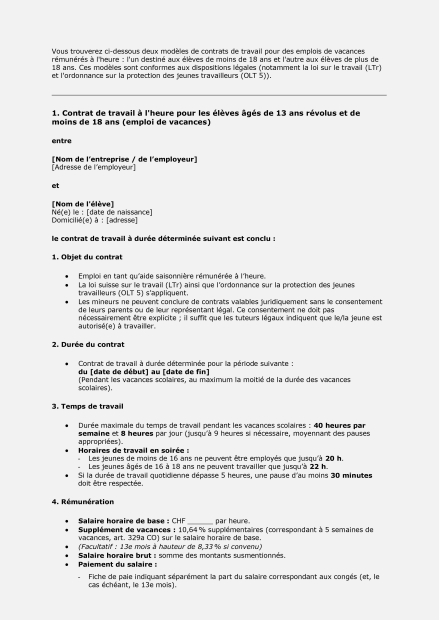 Contrat de travail – Job d'été et emplois de vacances pour élèves 