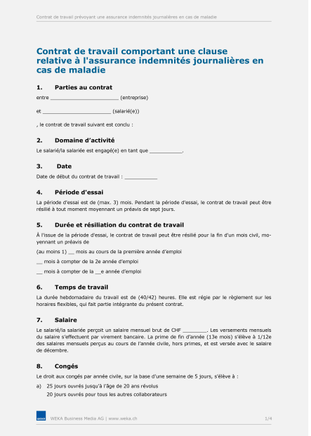 Contrat de travail avec assurance indemnités journalières en cas de maladie 