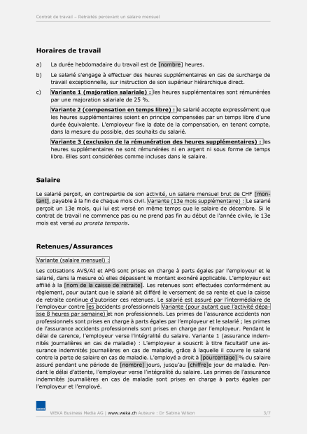 Contrat de travail Retraités percevant un salaire mensuel 