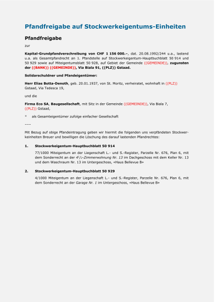 Pfandfreigabe auf Stockwerkeigentums-Einheiten 