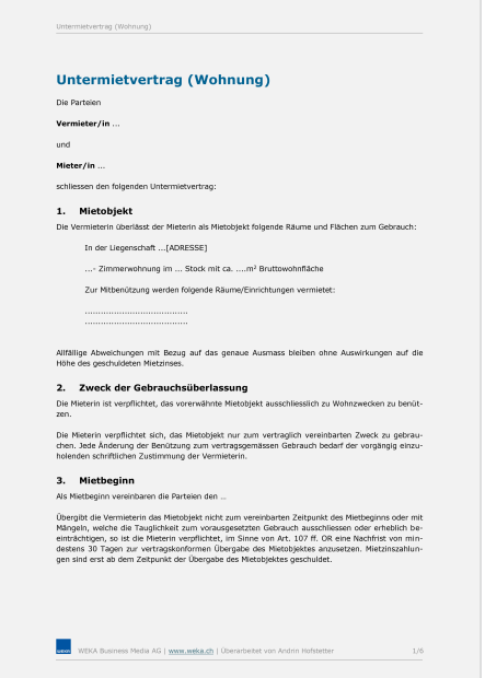 Untermietvertrag für eine Wohnung 