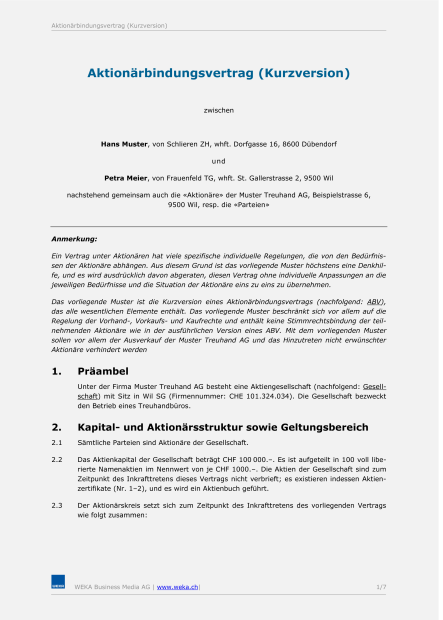 Muster Aktionärbindungsvertrag (Kurzversion) 
