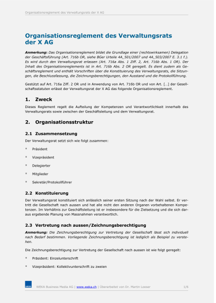 Muster Organisationsreglement des Verwaltungsrats einer AG 