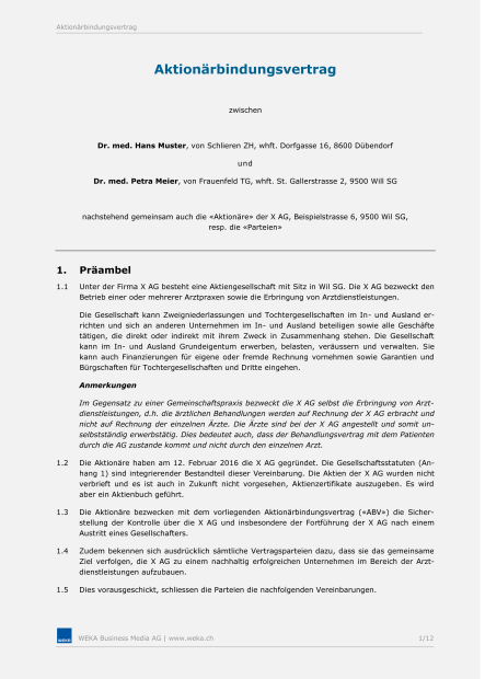 Muster Aktionärbindungsvertrag Arztpraxis - Variante 1 