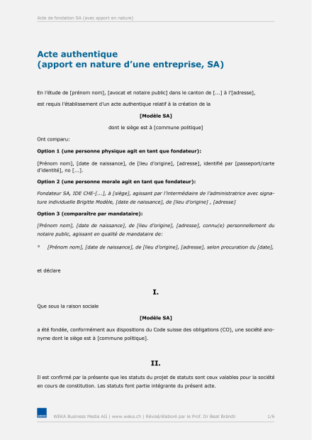 Acte authentique (apport en nature d'une entreprise, SA) 