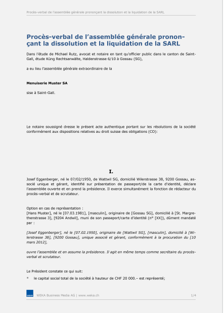 Assemblée générale (SARL) procès-verbal prononçant la dissolution et la liquidation 