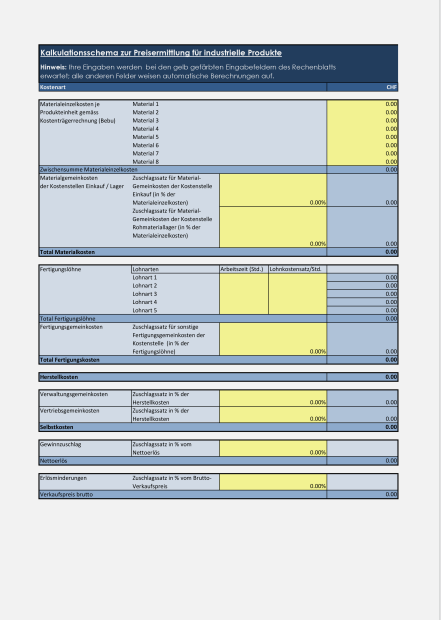 Kalkulationsschema zur Preisermittlung für industrielle Produkte 