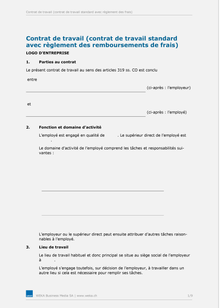 Contrat de travail standard (avec règlement des frais) 