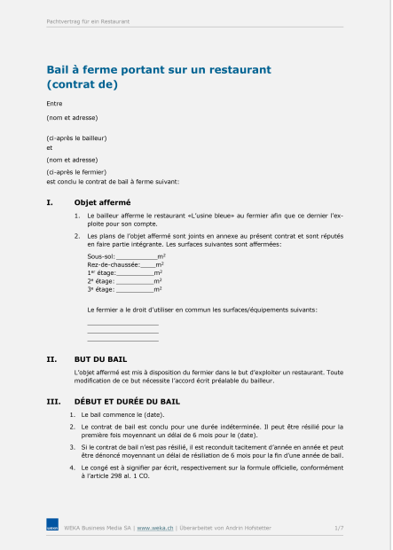 Bail à ferme portant sur un restaurant 