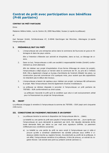 Contrat de prêt avec participation aux bénéfices 