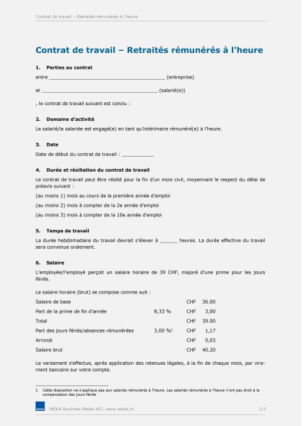 Contrat de travail Retraités rémunérés à l’heure 