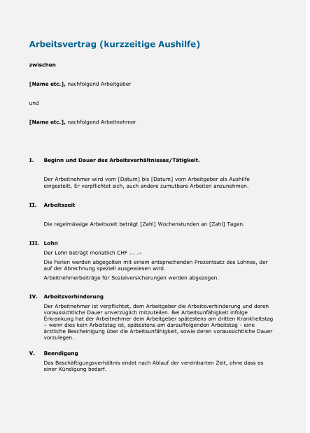 Muster Arbeitsvertrag kurzfristige Aushilfe 