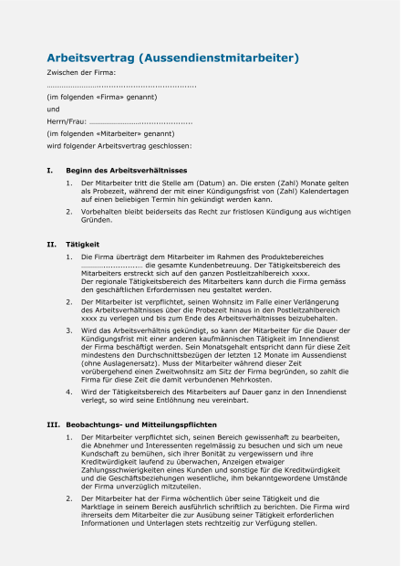 Muster Arbeitsvertrag Aussendienstmitarbeiter 