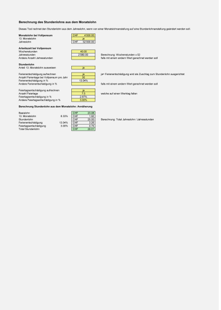Rechner Stundenlohn aus Monatslohn 