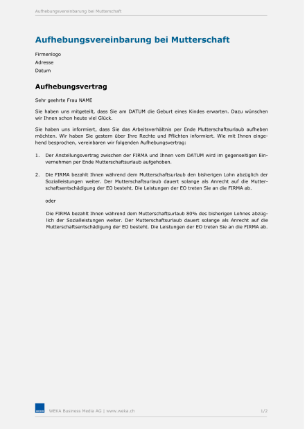Muster Aufhebungsvereinbarung bei Mutterschaft 
