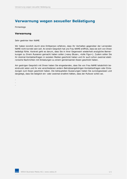 Muster Verwarnung wegen sexueller Belästigung am Arbeitsplatz 