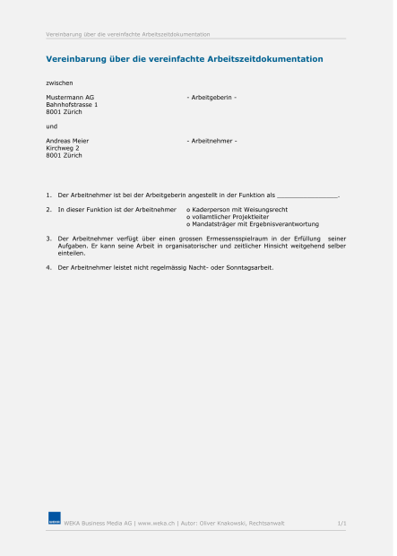 Muster Vereinbarung Arbeitszeitdokumentation 