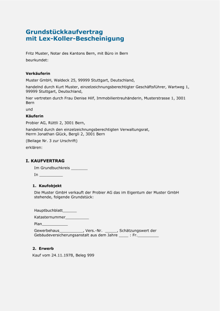 Grundstückkaufvertrag mit Lex-Koller Bescheinigung 