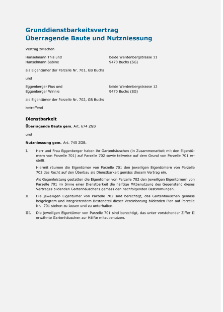 Grunddienstbarkeitsvertrag (Überragende Bauten und Nutzniessung) 