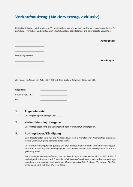 Verkaufsauftrag (Maklervertrag, exklusiv) 