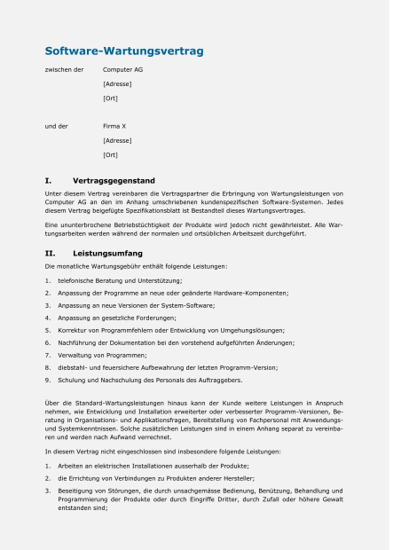 Muster Software-Wartungsvertrag 