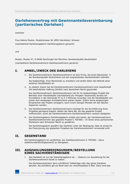Muster Darlehensvertrag (mit Gewinnanteilsvereinbarung) 