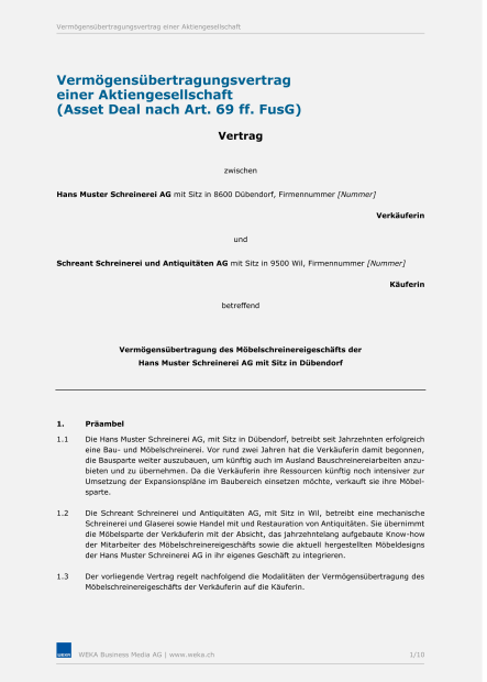 Mustervertrag Vermögensübertragung (Asset Deal) 
