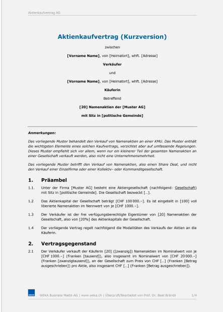 Muster Aktienkaufvertrag (Kurzversion) 