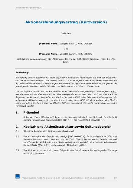 Muster Aktionärbindungsvertrag (Kurzversion) 