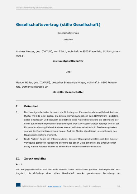 Muster Gesellschaftsvertrag (stille Gesellschaft) 
