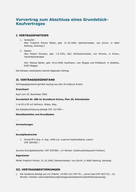 Muster Vorvertrag Grundstückkauf 