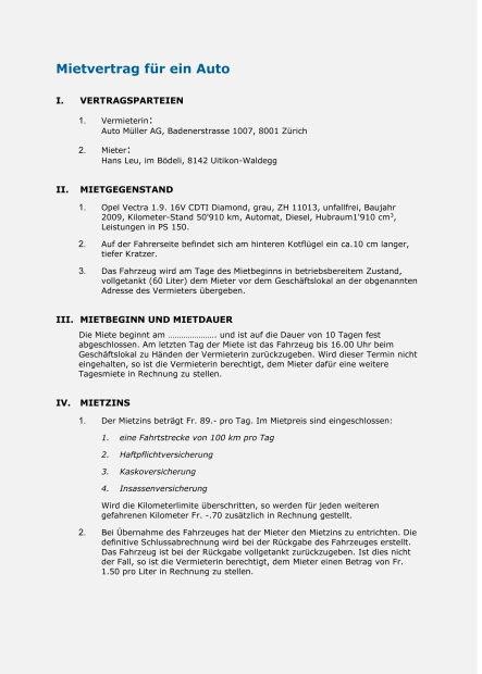 Muster Mietvertrag Auto 
