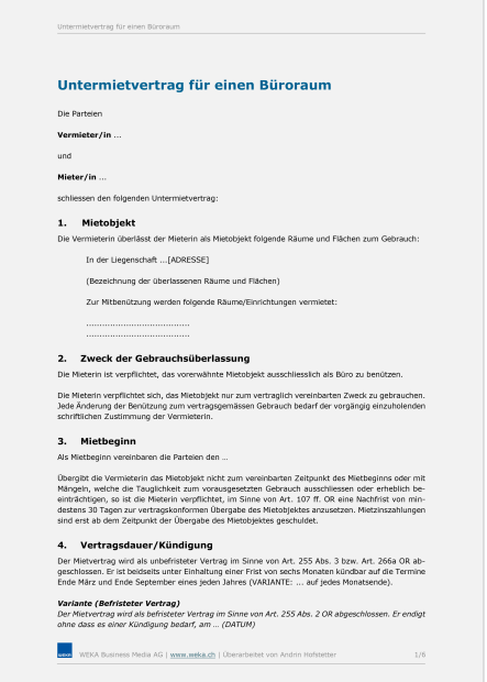 Muster Untermietvertrag Büros 