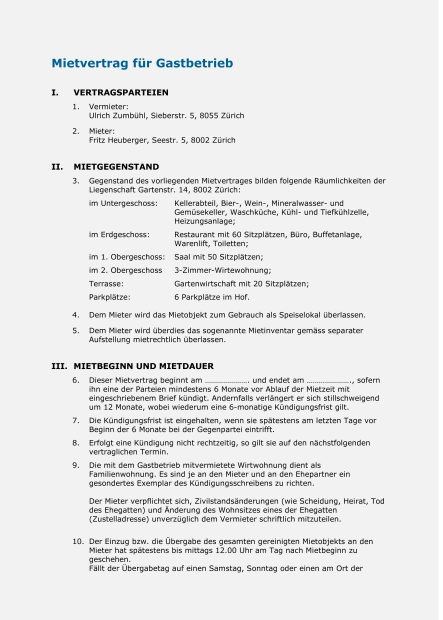 Muster Mietvertrag Restaurant 