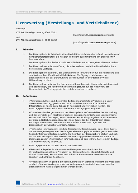 Muster Lizenzvertrag (Herstellung und Vertrieb) 