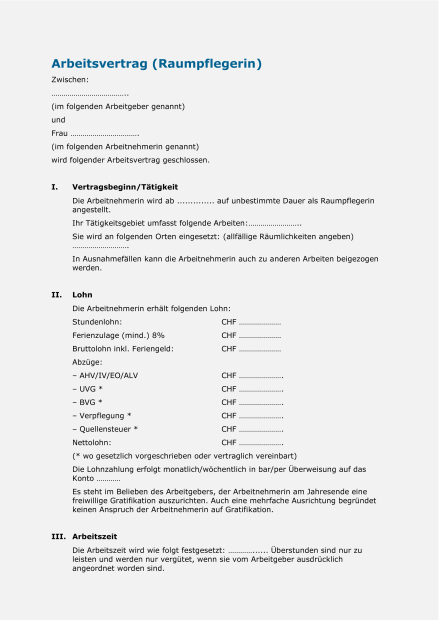 Muster Arbeitsvertrag Raumpflegerin 