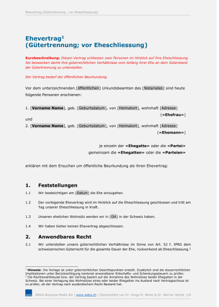 Muster Ehevertrag (Gütertrennung) 