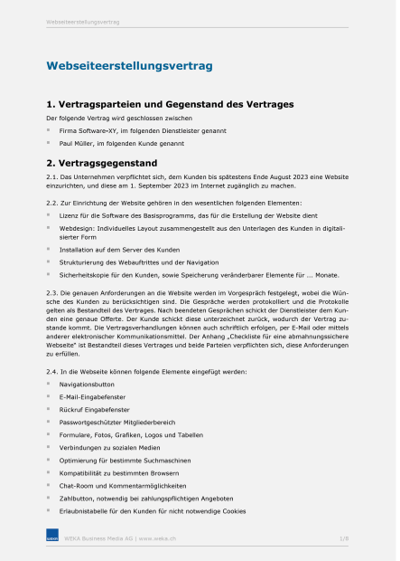 Mustervertrag zur Erstellung einer Webseite 
