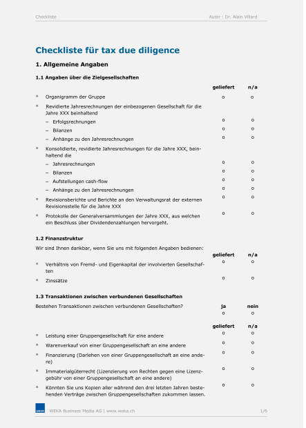 Checkliste Tax Due Diligence 