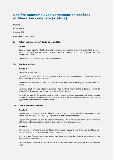 Contrat Création d'une SA avec versement en espèces 