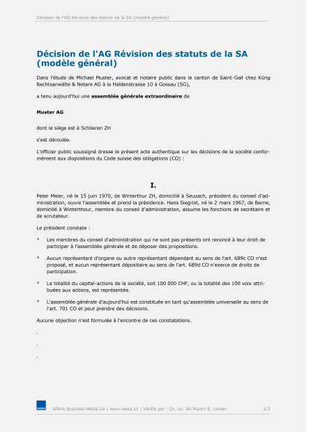 Décision de l’AG – Révision des statuts de la SA (modèle général) 