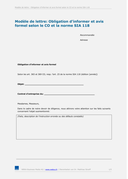 Modèle de lettre Obligation d’informer et avis formel selon le CO et la norme SIA 118 