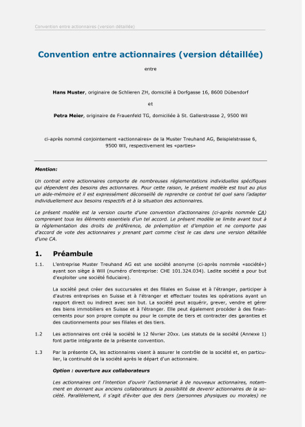 Modèle de convention entre actionnaires (version détaillée) 